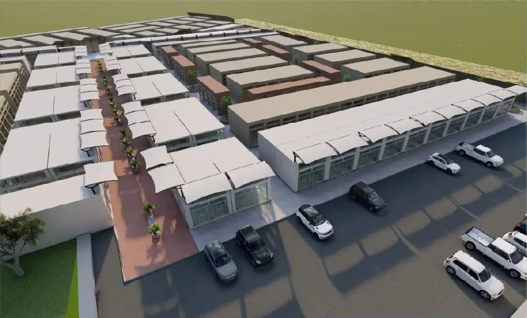 Render aéreo de las galerías de Mall Virú